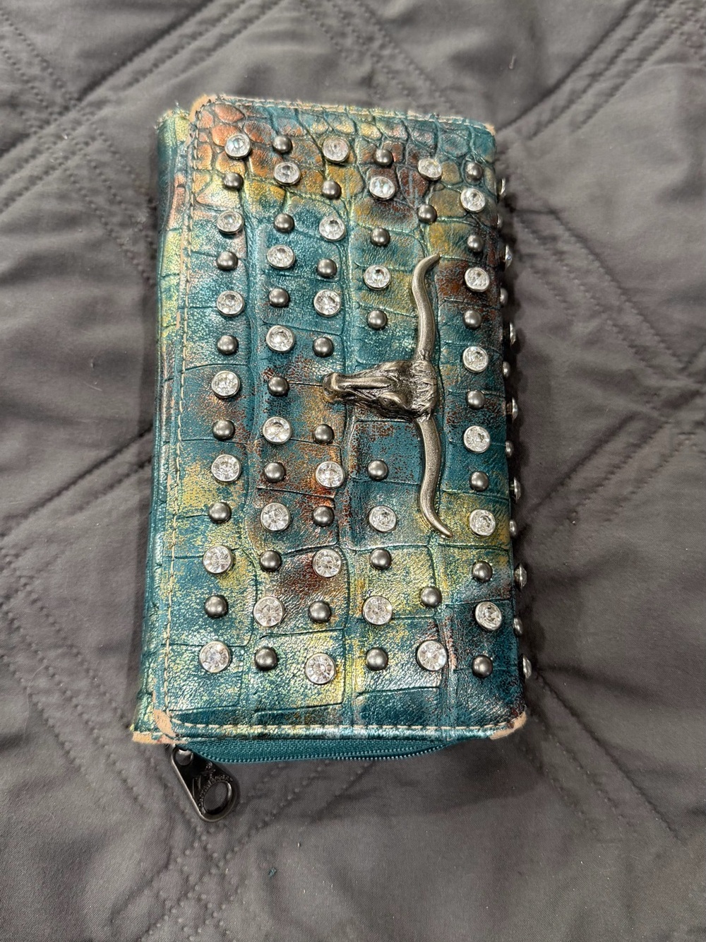 Montana West Teal Metallic Studded Longhorn Wallet